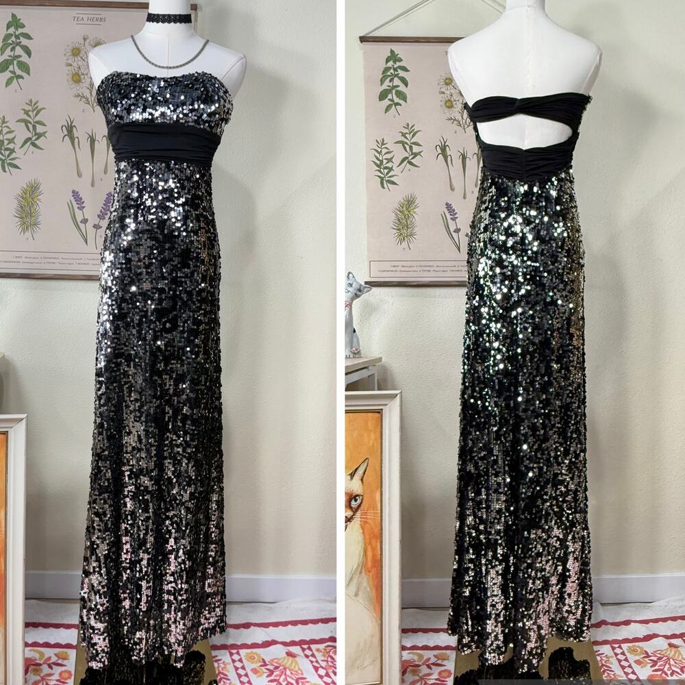 90s Y2k Sequin Strapless Formal Party Maxi Dress Sexy Trashy McBling Prom Hoco S